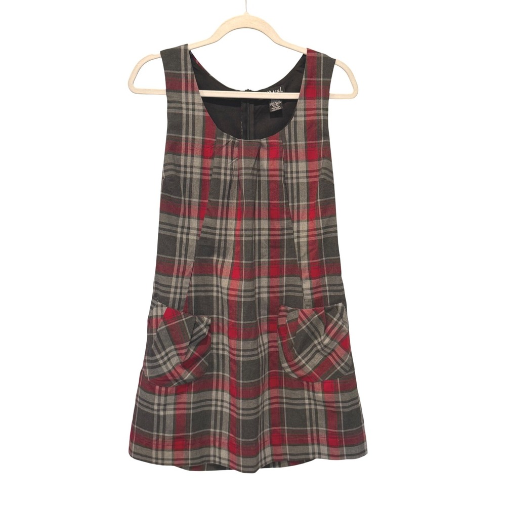 Vintage Y2K Wet Seal Red Plaid Tartan Jumper Mini Dress Front Pockets XL Retro